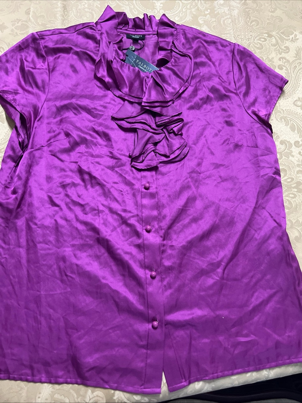 Talbots Women's Silk Cotton Blend Ruffle Neckline Blouse Magenta Size 16 NWT